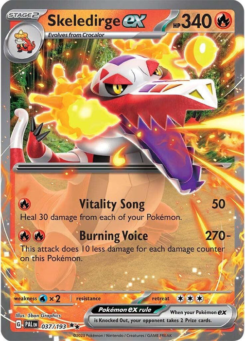 A Pokémon card, Skeledirge ex (037/193) [Scarlet & Violet: Paldea Evolved], featuring a colorful, fiery design from the Paldea Evolved series. Skeledirge, a stage 2 Fire-type Pokémon with 340 HP, evolves from Crocalor. It has two attacks: Vitality Song and Burning Voice. The card highlights its weaknesses, resistances, and the Pokémon ex rule.