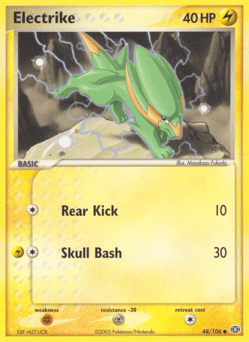 A Pokémon Electrike (48/106) [EX: Emerald] trading card featuring a common green, quadrupedal creature with yellow streaks and lightning adorned details. The card shows Electrike mid-leap with electric bolts around its body. Its attacks are Rear Kick (10 damage) and Skull Bash (30 damage), boasting an HP of 40.