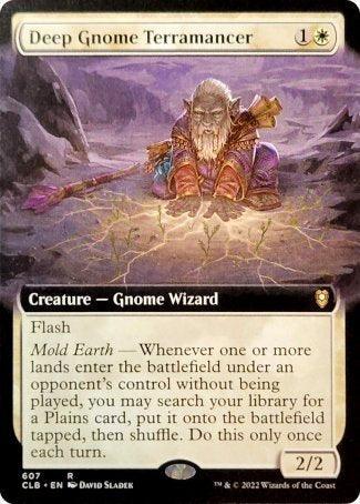 A Magic: The Gathering card named “Deep Gnome Terramancer (Extended Art) [Commander Legends: Battle for Baldur's Gate]” from the Commander Legends: Battle for Baldur's Gate set. This rare Creature — Gnome Wizard, depicted with long white hair and beard amongst glowing plants, has a mana cost of 1 white and 1 generic, is a 2/2 with Flash and a triggered ability called Mold Earth.