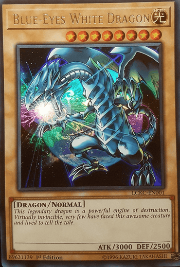 Image of a Yu-Gi-Oh! trading card featuring "Blue-Eyes White Dragon (Version 3) [LCKC-EN001] Ultra Rare" from the Legendary Collection Kaiba. This Ultra Rare card, under the Yu-Gi-Oh! brand, showcases an illustration of a blue and white dragon with wings, roaring amidst a cosmic background. The card text describes it as a powerful Normal Monster with 3000 attack and 2500 defense points.