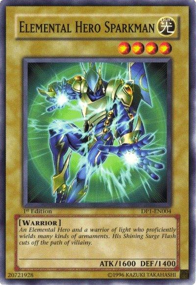 A Yu-Gi-Oh! card titled "Elemental Hero Sparkman [DP1-EN004] Common." The card features an armored warrior with blue and gold elements, emitting electricity from his hands. The text below describes Sparkman as a hero and warrior of light. This is a 1st Edition card by Kazuki Takahashi, featured in Jaden Yuki's Duelist Pack, with ATK 1600