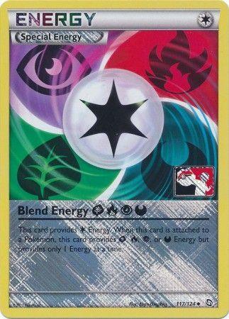 A Pokémon trading card titled "Blend Energy GRPD (117/124) (League Promo) [Black & White: Dragons Exalted]" with a yellow border from the Black & White: Dragons Exalted series. The card features a large central star symbol, and smaller symbols for Fire, Water, Grass, and Lightning energy in the background. Text at the bottom explains this Special Energy provides various types of energy when attached to a Pokémon.