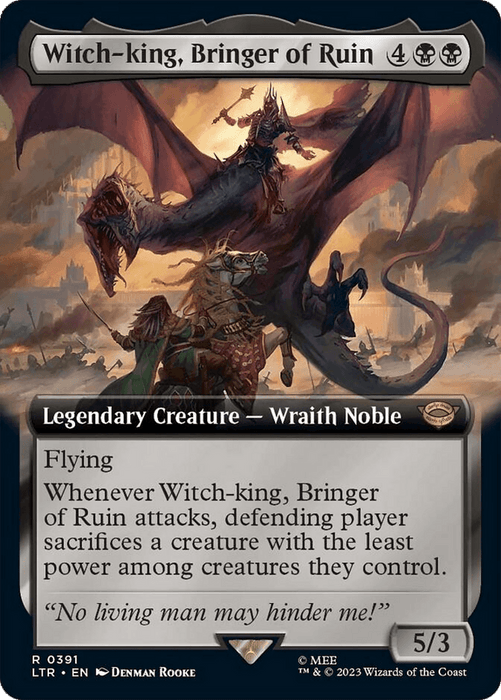 An illustration of a Magic: The Gathering card titled "Witch-king, Bringer of Ruin (Extended Alternate Art) [The Lord of the Rings: Tales of Middle-Earth]." The card depicts a dark, menacing figure riding a red dragon over a desolate battlefield. This Legendary Creature boasts Flying, 5 power, and 3 toughness.