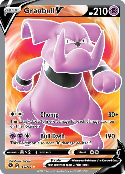 A Pokémon card depicting Granbull V (159/172) [Sword & Shield: Brilliant Stars] with 210 HP. Granbull, a pink bulldog-like creature, stands ready to battle. This Ultra Rare card features two moves: Chomp and Bull Dash. Weakness to metal and resistance is blank. Illustrated by Ayaka Yoshida, numbered 159/172 with the Pokémon V rule stated at the bottom by Pokémon.