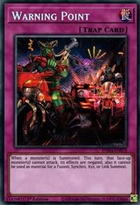 The image is of a Yu-Gi-Oh! trading card titled "Warning Point [PHRA-EN078] Secret Rare." It's a Secret Rare Normal Trap Card with purple borders, printed text, and artwork showing a dark alley scene from the Phantom Rage set. In the artwork, a robotic figure aims a weapon at a motorbike rider. Text details the card's effect.