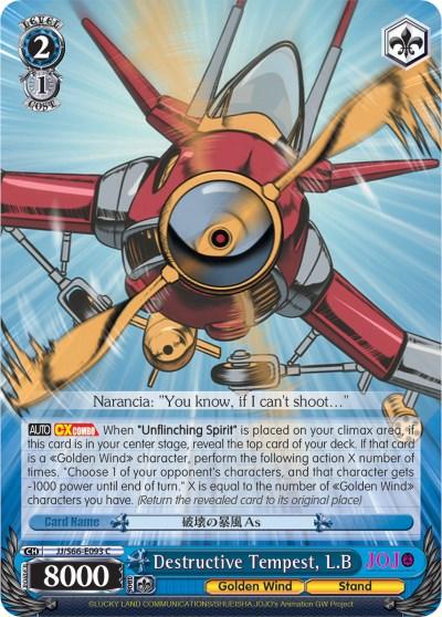 A trading card featuring an aircraft with a rotating blade and guns in mid-flight from JoJo's Bizarre Adventure: Golden Wind. The card's title reads "Destructive Tempest, L.B (JJ/S66-E093 C) [JoJo's Bizarre Adventure: Golden Wind]". Text details game mechanics and character dialogue: "Narancia: 'You know, if I can't shoot...'" Stats include Level 2, Cost 1, Power 8000, and Soul value. This product is from Bushiroad.