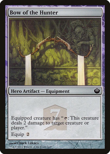 A card titled "Bow of the Hunter [Journey into Nyx Hero's Path]" from Magic: The Gathering displays an illustrated magical bow, a Hero Artifact. A dim forest with green hues forms the backdrop while text details damage abilities and equipment cost. Art by Chuck Lukacs; copyright is noted at the bottom.