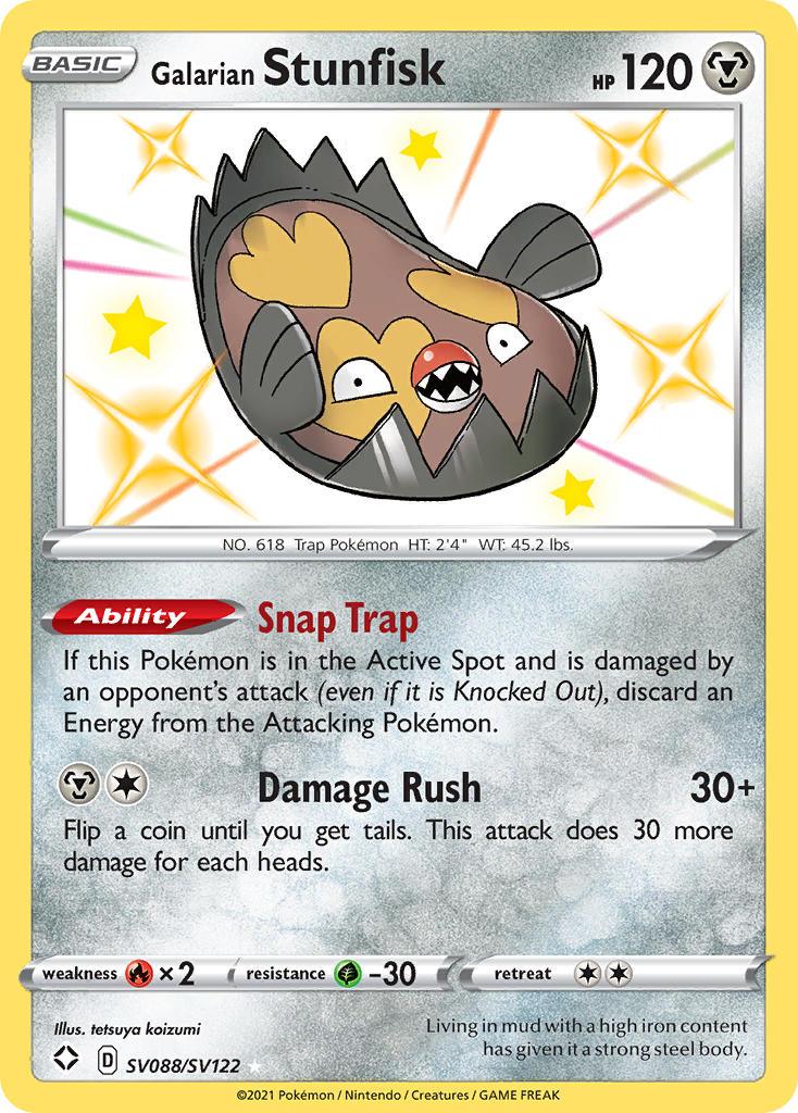 A Pokémon trading card featuring Galarian Stunfisk (SV088/SV122) from the Sword & Shield: Shining Fates series. This Ultra Rare card has 120 HP and is of Steel type. The attacks are 