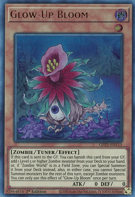 The image shows a "Glow-Up Bloom [GFP2-EN115] Ultra Rare" Yu-Gi-Oh! trading card. This Ultra Rare Tuner/Effect Monster depicts an otherworldly bloom with a large red and green flower atop a small root-like creature with a single eye. It has stats of 0 ATK and 0 DEF and is part of the "Ghosts From the Past" set.