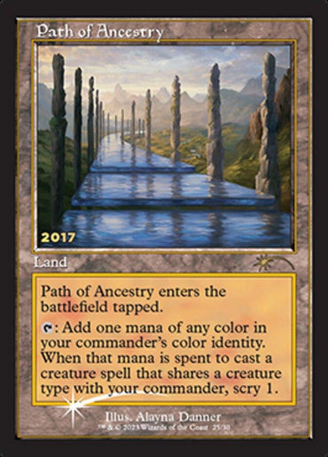 A "Magic: The Gathering" card named Path of Ancestry [30th Anniversary Promos]. This Land features artwork of a serene, reflective pool with stone pillars and mountains in the background. As part of the 30th Anniversary Promos, it enters the battlefield tapped, adds one mana of the commander’s color identity, and allows scrying if used for casting a creature with the same type.