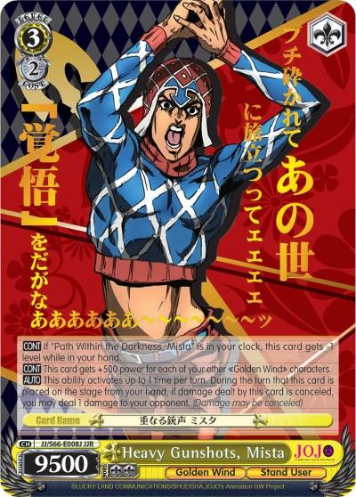 A Bushiroad Heavy Gunshots, Mista (JJ/S66-E008J JJR) [JoJo's Bizarre Adventure: Golden Wind] trading card featuring a character wearing a blue outfit with a red harness, aiming a gun. Japanese text and decorative elements fill the background. The card title reads "Heavy Gunshots, Mista" with detailed stats and effects listed below. The "JoJo's Bizarre Adventure: Golden Wind" logo is displayed at the bottom.