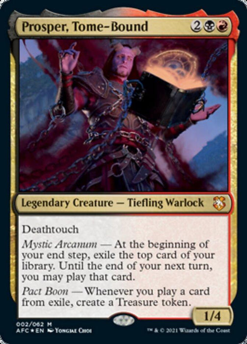 A Magic: The Gathering [Dungeons & Dragons: Adventures in the Forgotten Realms Commander] card titled "Prosper, Tome-Bound." This Legendary Creature depicts a Tiefling Warlock with red skin, horns, and glowing eyes, holding an open, glowing tome. Costing 2 Black and Red mana, it has a 1/4 stat with Deathtouch and abilities Mystic Arcanum and Pact Boom. Art by Yongjae Ch