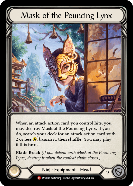 A fantasy trading card titled "Mask of the Pouncing Lynx [EVR037] (Everfest) 1st Edition Cold Foil" by Flesh And Blood depicts a character donning this Ninja Equipment in a tranquil, traditional Japanese setting. Text details the card's abilities and effects. The character wears a robe and is surrounded by lanterns, foliage, and wooden architecture from Everfest.