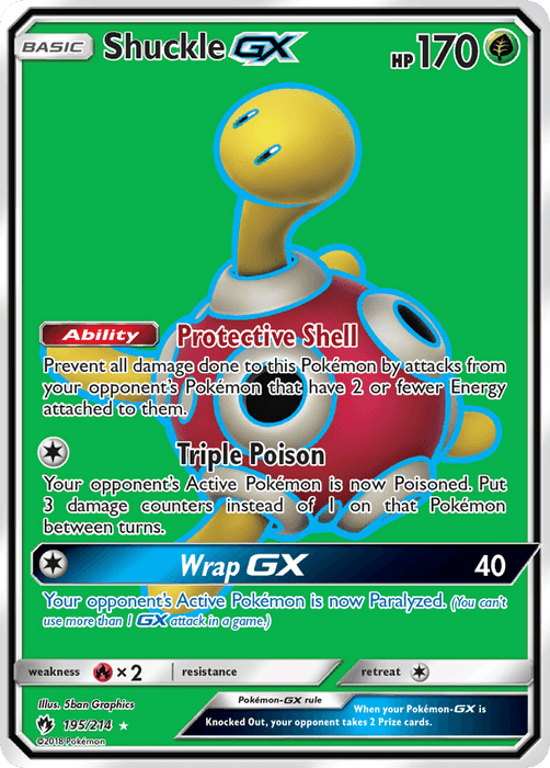 A Shuckle GX (195/214) [Sun & Moon: Lost Thunder] with 170 HP from Pokémon. The Ultra Rare card features a Shuckle with a yellow head and limbs emerging from a blue, rock-like shell with holes. Ability: Protective Shell. Moves: Triple Poison, Wrap GX. Illustrated by 5ban Graphics, 2018 Pokémon trademark in the bottom left.