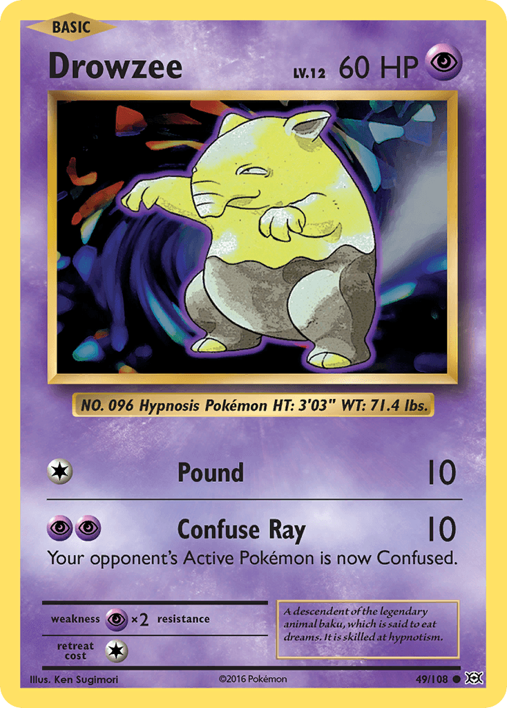 A Drowzee (49/108) [XY: Evolutions] from Pokémon, featuring a yellow, bipedal Psychic creature with large ears, closed eyes, and a trunk-like nose. The Common card has 60 HP and shows Drowzee using 