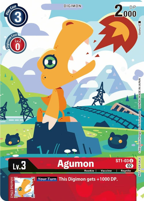 Image of the Agumon [ST1-03] (Box Topper) [Dimensional Phase] Digimon trading card. The card showcases Agumon, a Rookie-level Digimon with orange skin and green eyes, resembling a cartoon dinosaur. It is depicted standing on a rock and raising its claw against a vibrant landscape featuring hills, power lines, and a blue sky with clouds. Detailed information includes its level, type (Vaccine), and effects.