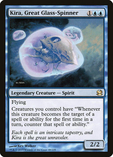 A "Magic: The Gathering" card featuring "Kira, Great Glass-Spinner [Modern Masters]." It costs 1 colorless and 2 blue mana. This Legendary Creature Spirit has flying, with a power and toughness of 2/2. Kira's ability grants your creatures protection by countering the first spell or ability that targets them each turn.
