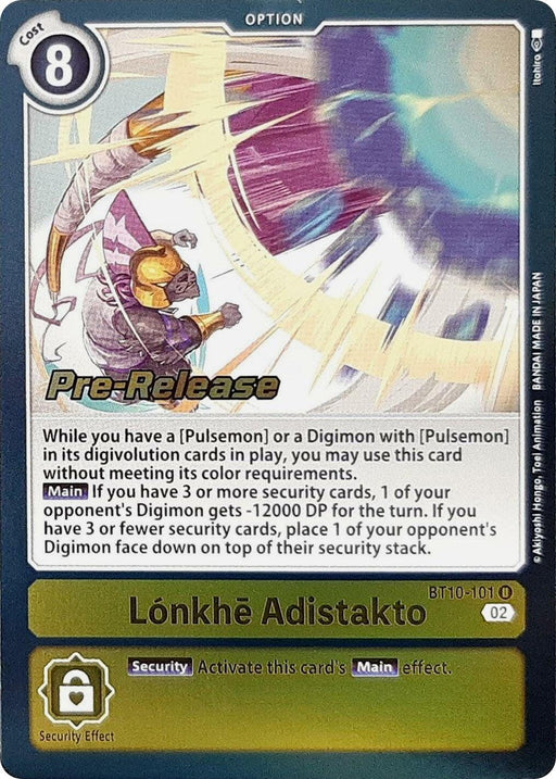 A trading card titled "Lonkhe Adistakto [BT10-101] [Xros Encounter Pre-Release Cards]" under the Digimon brand. It costs 8 and is classified as an Option card. The card showcases a battle scene featuring the Digimon character Pulsemon, with descriptive text outlining its gameplay effects, emphasizing color requirements and modifying an opponent's Digimon DP based on security cards.
