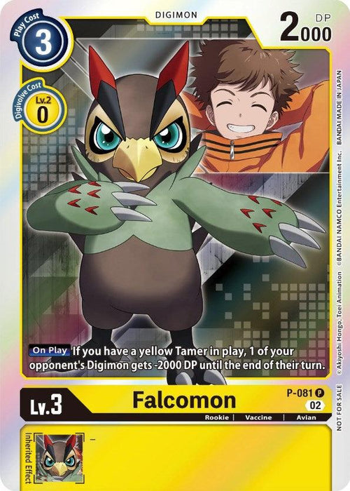 Introducing the Digimon trading card, Falcomon [P-081] (Digimon Survive Anime Expo 2022) from the Promotional Cards series. This card showcases Falcomon, a bird-like creature adorned in sharp red, yellow, and green features, with a boy joyfully smiling in the background. Key details such as its level (Lv.3), type, attributes, and effect can be found at the bottom of the card.
