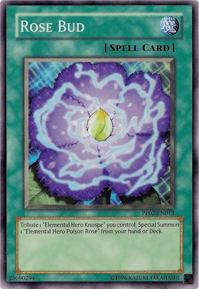 A Yu-Gi-Oh! trading card named "Rose Bud [PP02-EN011] Super Rare" from Premium Pack 2. It features an illustration of a large, vibrant rose in the center, surrounded by a mystical aura. The Spell Card's effects are detailed in the text. Bordered in green with ID number PP02-EN011 at the bottom, it complements "Elemental Hero Poison Rose.