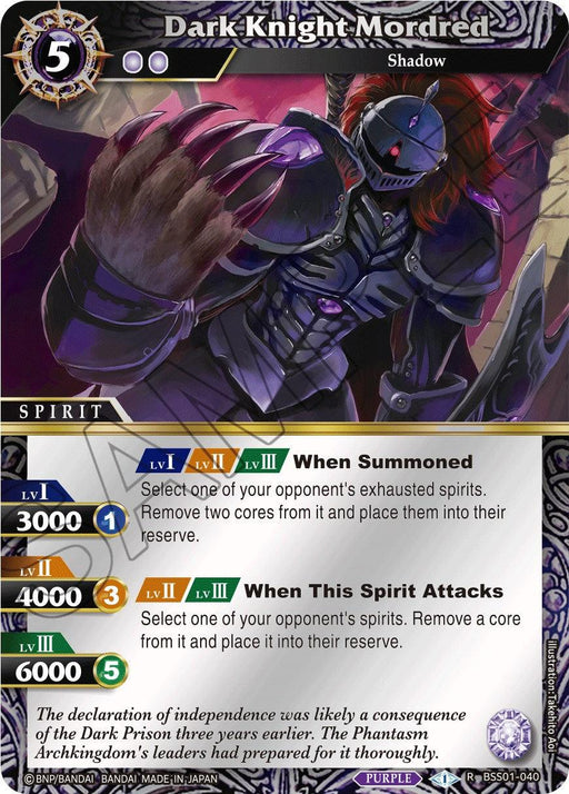 A Rare Spirit Card of "Dark Knight Mordred (Box Topper) (BSS01-040) [Dawn of History]" from the "Bandai" series. The card has a purple border, with symbols indicating levels, cost (5), and skills. The main image depicts an armored knight brandishing a weapon. Text details its summoning and attack abilities, along with stats and lore at the bottom.