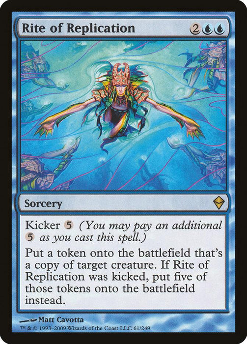A "Rite of Replication [Zendikar]" Magic: The Gathering card from Zendikar. The card's art depicts a blue, robed, aquatic creature with multiple arms and tendrils, surrounded by ghostly replicas of itself. This rare sorcery costs 2 colorless and 2 blue mana, creating token copies of a creature, with extra copies if kicked.