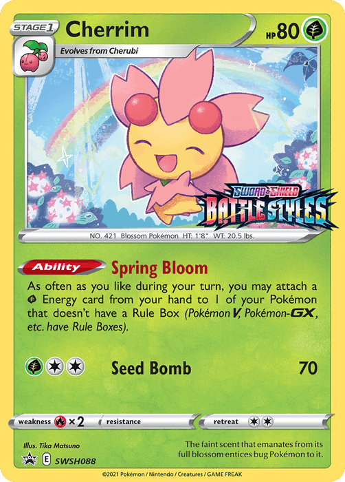 A Pokémon trading card featuring Cherrim (SWSH088) (Prerelease Promo) [Sword & Shield: Black Star Promos], a Stage 1 Grass-type Pokémon. The card has 80 HP and includes the abilities "Spring Bloom" and the attack "Seed Bomb" with a damage of 70. As part of the Sword & Shield Black Star Promos, it features vibrant green hues against white text and various icons and stats.