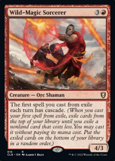 A Wild-Magic Sorcerer [Commander Legends: Battle for Baldur's Gate] trading card from Magic: The Gathering. Featuring an Orc Shaman casting a spell, vibrant red and orange magical energy swirls around them. This powerful card lets the first spell cast from exile each turn have cascade and boasts stats of 4/3.