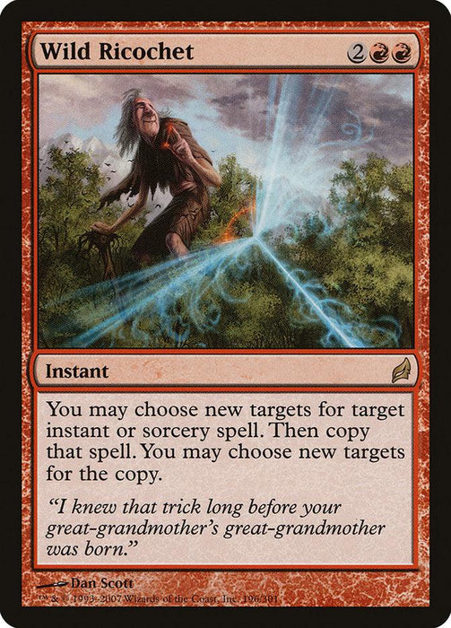 Magic: The Gathering product titled 'Wild Ricochet [Lorwyn]'. The illustration depicts a mystical figure with long hair and a robe, casting a blue spell ricocheting off in multiple directions. This rare Lorwyn card allows changing and copying targets for instant or sorcery spells. A flavor quote is at the bottom.