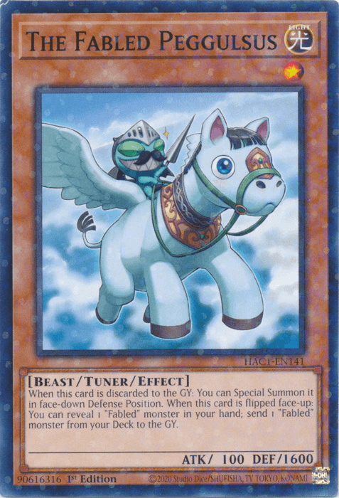 A Yu-Gi-Oh! trading card titled "The Fabled Peggulsus (Duel Terminal) [HAC1-EN141] Common," a Tuner/Effect Monster from the Hidden Arsenal series. It features an armored, green creature riding a small, white Pegasus with blue wings, a red saddle, and an eye symbol on its side. The card text describes its effects and attributes. It has 100 ATK and 1600 DEF
