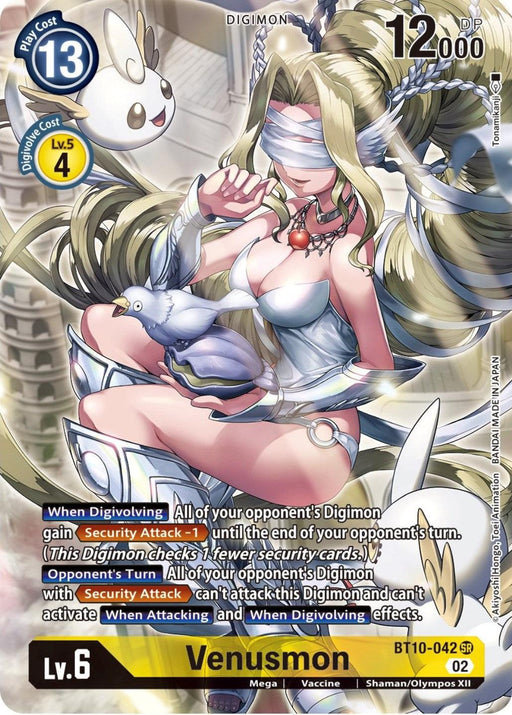 A Digimon card featuring Venusmon [BT10-042] (Alternate Art) [Xros Encounter], a Level 6 Mega with Vaccine and Shaman/Olympos XII attributes. This Super Rare card boasts 12000 DP and a 13 play cost, depicting Venusmon in a white outfit with flowing blonde hair and a rabbit companion. Various abilities are detailed at the bottom in the Xros Encounter series.