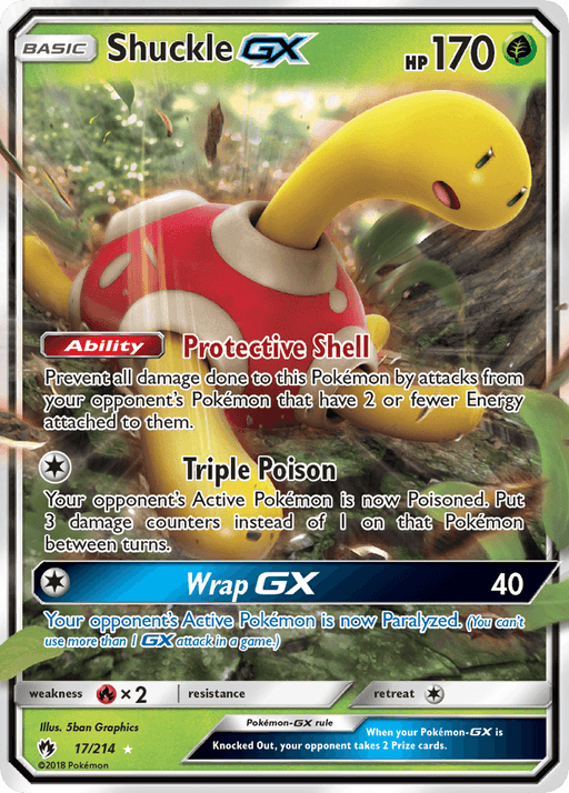 A Shuckle GX (17/214) [Sun & Moon: Lost Thunder] Pokémon card from the brand Pokémon is displayed. Shuckle, a red and yellow Grass-type Pokémon, has an HP of 170. Key moves include Protective Shell, Triple Poison, and Wrap GX. The Ultra Rare card's design shows Shuckle in a defensive pose with detailed move descriptions and stats along the border.