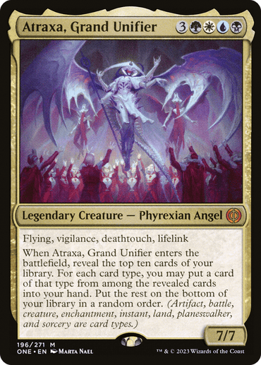 A Magic: The Gathering card titled "Atraxa, Grand Unifier [Phyrexia: All Will Be One]." It's a Legendary Creature - Phyrexian Angel with Flying, vigilance, deathtouch, and lifelink abilities. From the Phyrexia: All Will Be One set, the card costs 3 colorless, 1 green, 1 white, 1 blue,and 1 black mana. Illustrated