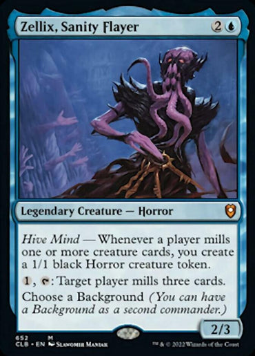 A Magic: The Gathering card titled "Zellix, Sanity Flayer [Commander Legends: Battle for Baldur's Gate]" from the Commander Legends series. This legendary creature, with its squid-like head and numerous tentacles, costs 2 and blue mana and has 2/3 power/toughness. Abilities include creating 1/1 black horror tokens and milling cards.