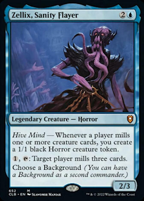 A Magic: The Gathering card titled "Zellix, Sanity Flayer [Commander Legends: Battle for Baldur's Gate]" from the Commander Legends series. This legendary creature, with its squid-like head and numerous tentacles, costs 2 and blue mana and has 2/3 power/toughness. Abilities include creating 1/1 black horror tokens and milling cards.