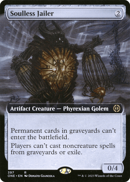 A rare Magic: The Gathering card titled "Soulless Jailer (Extended Art) [Phyrexia: All Will Be One]." It costs 2 generic mana and is an artifact creature - Phyrexian Golem with a power/toughness of 0/4. The text reads: "Permanent cards in graveyards can't enter the battlefield. Players can't cast noncreature spells from graveyards or exile." The card features dark, eerie artwork