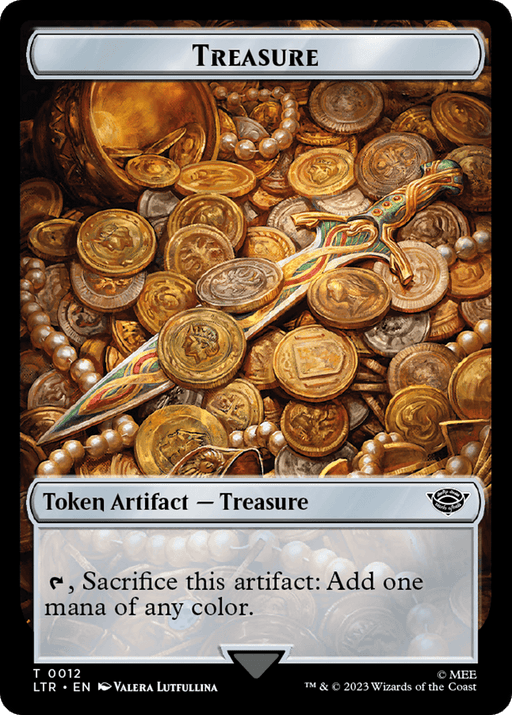 A Magic: The Gathering card titled "Food (09) // Treasure Double-Sided Token [The Lord of the Rings: Tales of Middle-Earth Tokens]," reminiscent of Middle-Earth Tokens. The card depicts a vibrant pile of gold coins, gemstones, and jewelry atop which rests a decorative dagger. This token artifact reads: "Treasure: Tap, Sacrifice this artifact: Add one mana of any color.