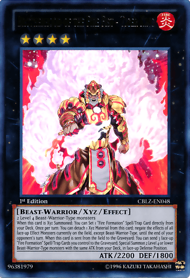 Image of a "Brotherhood of the Fire Fist - Tiger King [CBLZ-EN048] Ultra Rare" Yu-Gi-Oh! trading card. This Beast-Warrior-Type features a muscular, anthropomorphic tiger holding a fiery staff. The card is black with a white border and detailed text describing its stats and effects. ATK/2200 DEF/1800, 1st Edition, numbered CBLZ-EN048.