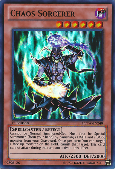 The image displays the "Chaos Sorcerer [LCYW-EN248] Super Rare" Yu-Gi-Oh! card. The card features an armored sorcerer with a dark, menacing appearance and purple aura, casting a spell. This Effect Monster boasts DARK attributes, Spellcaster/Effect type, 2300 ATK, and 2000 DEF. Text details its summ