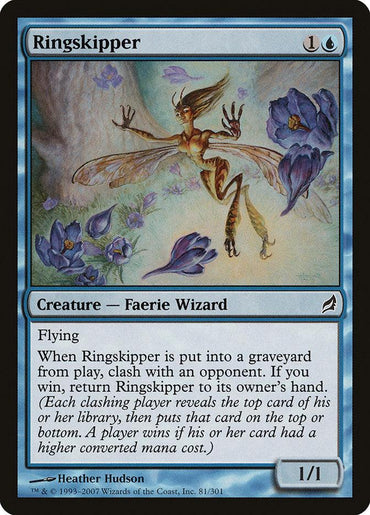 The Magic: The Gathering card "Ringskipper [Lorwyn]" features a Faerie Wizard with translucent wings and purple flowers, has a blue border symbolizing magic, and boasts abilities like Flying and a Clash effect, with power/toughness of 1/1.