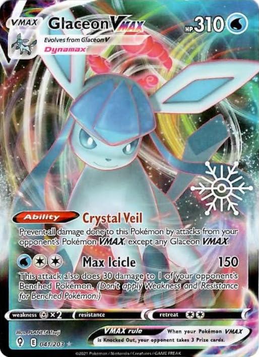 A Pokémon Glaceon VMAX card (041/203) from the Evolving Skies set features the icy creature with large ears and a forehead gemstone on a swirling ice background. It has 310 HP and abilities like "Crystal Veil" and "Max Icicle.