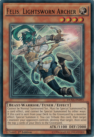 A Yu-Gi-Oh! card named "Felis, Lightsworn Archer [DUEA-EN095] Ultra Rare" is shown. It features an illustrated female archer with teal hair, a bow, and arrows, leaping in mid-air with a focused expression. The Ultra Rare card from Duelist Alliance has a yellow color frame, four stars, and shows attributes such as ATK 1100 and DEF 2000.