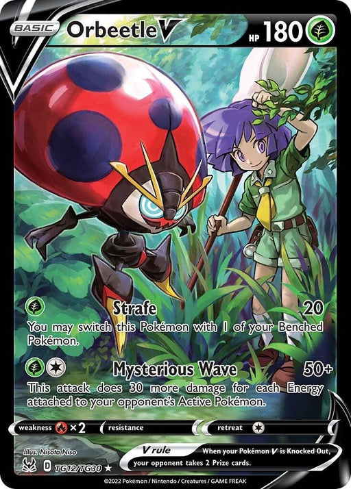 A Secret Rare Pokémon card from Sword & Shield: Lost Origin featuring Orbeetle V (TG12/TG30) [Pokémon] with 180 HP. The card art depicts Orbeetle, an insect-like Pokémon with a large red shell with black and blue spots and glowing eyes, standing next to a girl with short purple hair in a green outfit. Moves: "Strafe" (20) and "Mysterious Wave" (50+).