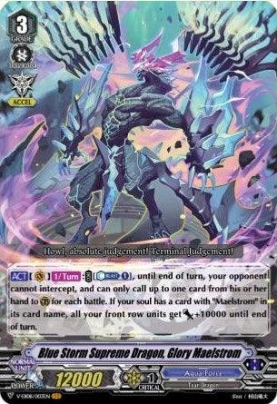 An image of a Vanguard Rare card from a trading card game. The card features Blue Storm Supreme Dragon, Glory Maelstrom (V-EB08/003EN) [My Glorious Justice], a fierce Aqua Force dragon with blue and purple elements surrounded by lightning. The Bushiroad My Glorious Justice set card details various abilities and stats at the bottom, showing Grade 3, Power 12000, and Critical 1.