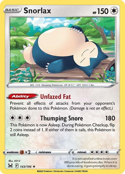 The image displays a Snorlax (143/196) [Sword & Shield: Lost Origin] Pokémon card. Snorlax is depicted lying down and sleeping under a tree. The card details include HP 150, the ability "Unfazed Fat," which prevents effects of attacks, and the move "Thumping Snore," which deals 180 damage but puts Snorlax to sleep.