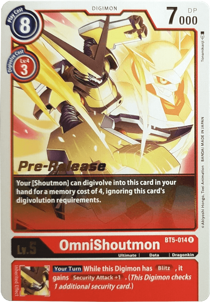 Introducing the OmniShoutmon [BT5-014] card from Digimon's Battle of Omni Pre-Release Promos. This Level 5 Ultimate Dragonkin boasts a purple cost of 8, provides 7000 DP, and features powerful abilities like Digivolving and Security Attack, all highlighted with the distinctive "Pre-Release" stamp.