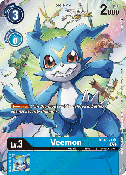 Introducing the rare Veemon [BT3-021] (1-Year Anniversary Box Topper) from the Digimon Promotional Cards series. This card features Veemon, a blue, bipedal dragon with sharp claws and a distinct V-shaped mark on its forehead. It includes stats such as a play cost of 3, level 3 (Lv. 3), power of 2000, and an ability called “Jamming” that ensures it cannot be deleted in battles against Security Digimon. The background showcases other Digimon flying.