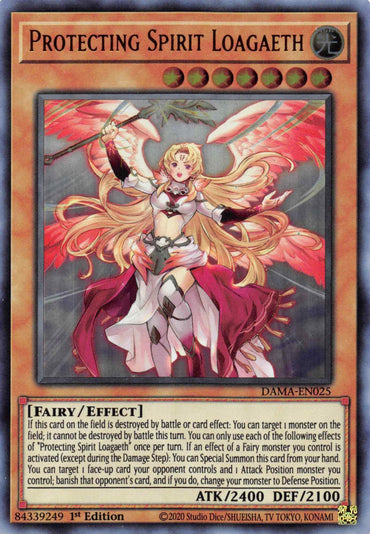 A Yu-Gi-Oh! Ultra Rare trading card titled "Protecting Spirit Loagaeth [DAMA-EN025] Ultra Rare," featuring an angelic female figure with blonde hair, wings, and a glowing staff. This 1st Edition Effect Monster has an ATK of 2400 and DEF of 2100, with detailed effect descriptions. Card ID: DAMA-EN025.