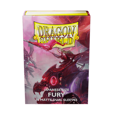 Arcane Tinmen's Dragon Shield Dual Matte "Fury" features 60 Japanese size opaque card sleeves. The box shows a warrior on a fierce red dragon, set against fiery pink and red tones.