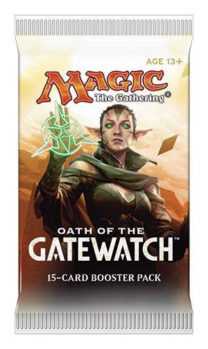 A "Magic: The Gathering" product titled "Oath of the Gatewatch - Booster Pack" is shown. The packaging features a detailed illustration of an elf character holding a green glowing symbol with a determined expression, ready to face the Eldrazi titans. Suitable for ages 13 and up.